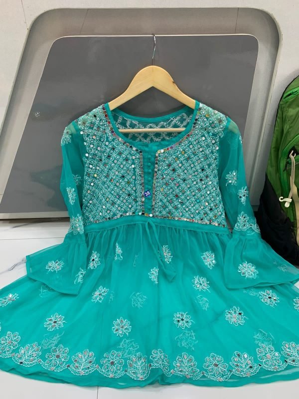 Georgette Short Mirror Frock Style Kurti with Inner - Hand Embroidered