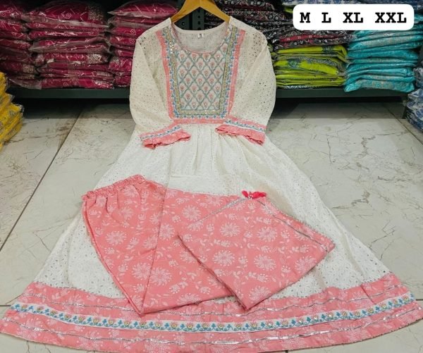 Cotton Chikan Nyra Cut Suit with Pant & Pink Dupatta - 3Pc - White