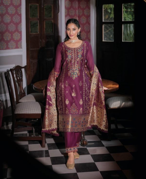 Banarasi Silk Straight Designer Suit with Golden Work - 3Pc