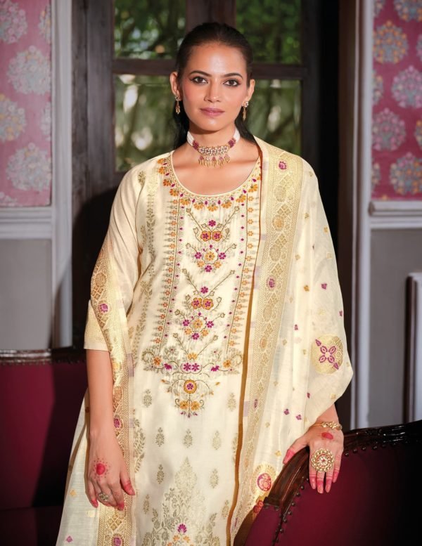 Banarasi Silk Straight Designer Suit with Golden Work - 3Pc