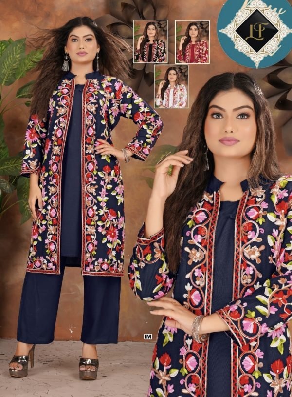 Kashmiri Embroidery Front Open Suit - 3Pc - Shrug, Inner and Pants