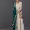 Premium Georgette Sequence Work Nyra Cut Suit with Pant & Green Dupatta - 3Pc - White