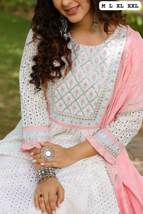 Cotton Chikan Nyra Cut Suit with Pant & Pink Dupatta - 3Pc - White