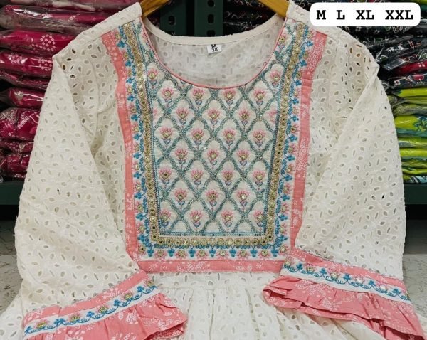 Cotton Chikan Nyra Cut Suit with Pant & Pink Dupatta - 3Pc - White