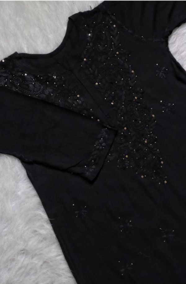 Black Modal Chikankari Kurti with Self Embroidery with Golden Mukesh work