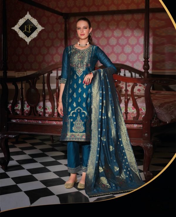 Banarasi Silk Straight Designer Suit with Golden Work - 3Pc