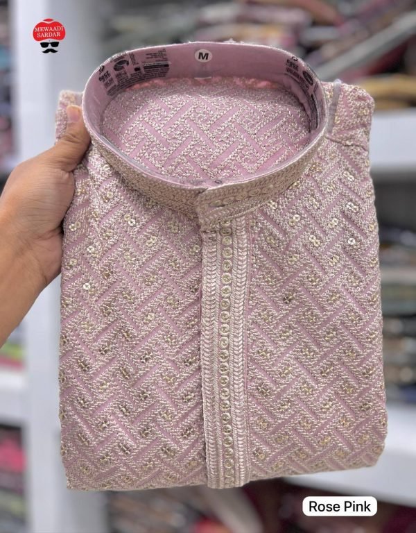 Mens Chikankari Sequence Work Kurta with White Pajama - 2Pc