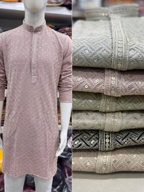 Mens Chikankari Sequence Work Kurta with White Pajama - 2Pc