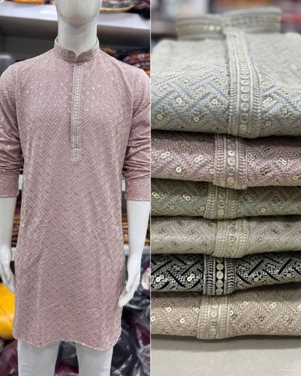 Mens Chikankari Sequence Work Kurta with White Pajama - 2Pc