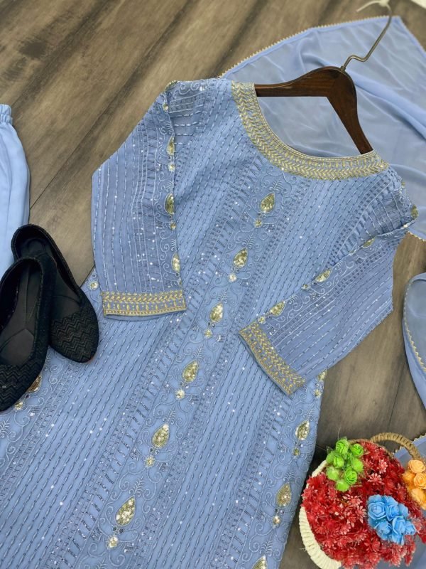 Georgette Embroidered Suit With Golden Work - 3 Pc - Blue