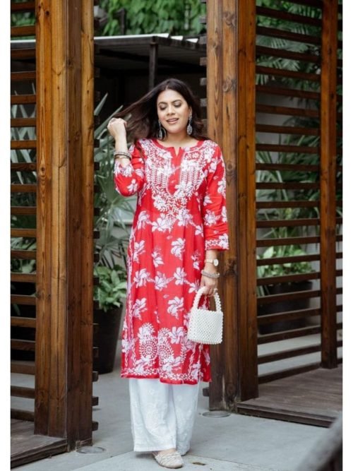 Mulmul Cotton Red Chikankari White Embroidery Kurti - Plus Size