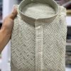 Mens Chikankari Sequence Work Kurta with White Pajama - 2Pc