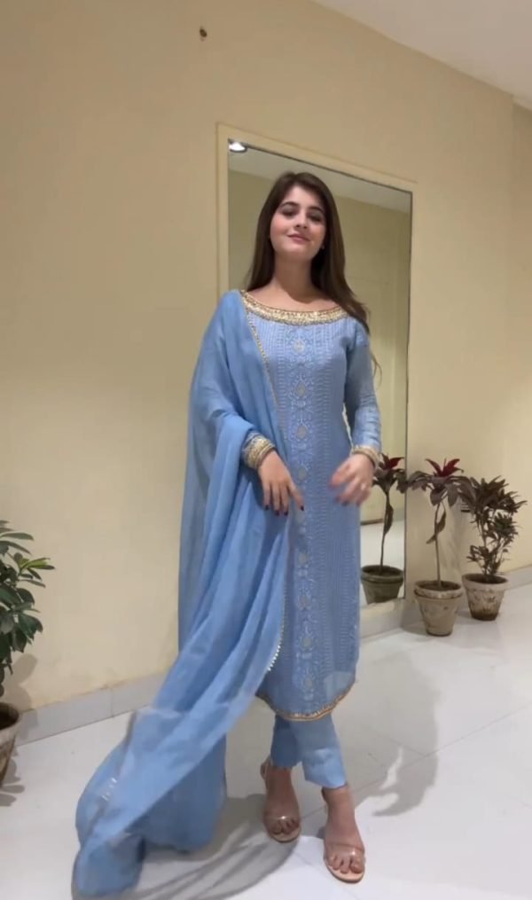 Georgette Embroidered Suit With Golden Work - 3 Pc - Blue