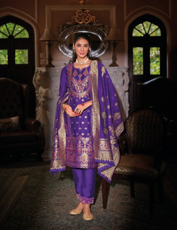 Banarasi Silk Straight Designer Suit with Golden Work - 3Pc