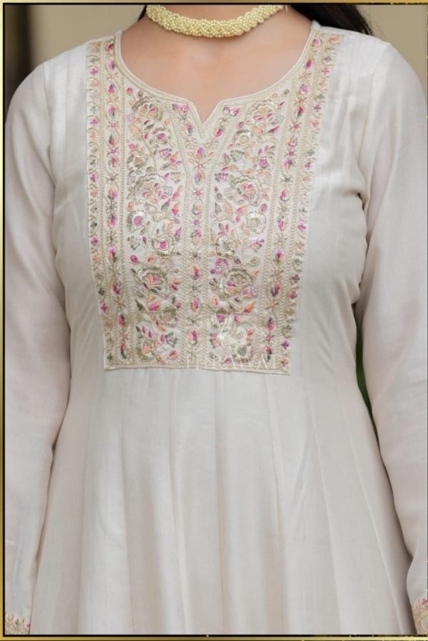 Bangalori Silk Anarkali Dress with Floral Printed Crepe Dupatta - 2Pc - Cream White