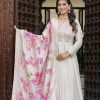 Bangalori Silk Anarkali Dress with Floral Printed Crepe Dupatta - 2Pc - Cream White
