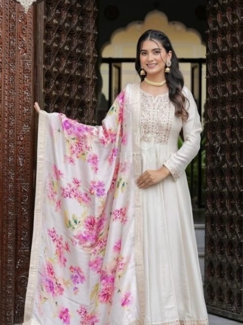 Bangalori Silk Anarkali Dress with Floral Printed Crepe Dupatta - 2Pc - Cream White