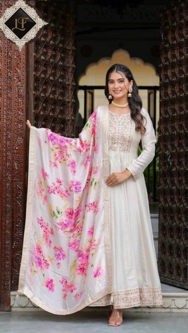 Bangalori Silk Anarkali Dress with Floral Printed Crepe Dupatta - 2Pc - Cream White