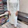 White Reyon Chikankari Kurti with Self Embroidery - Computer Work - Regular and Plus Sizes