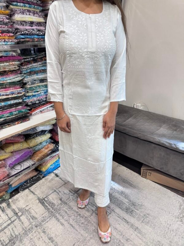 White Reyon Chikankari Kurti with Self Embroidery - Computer Work - Regular and Plus Sizes