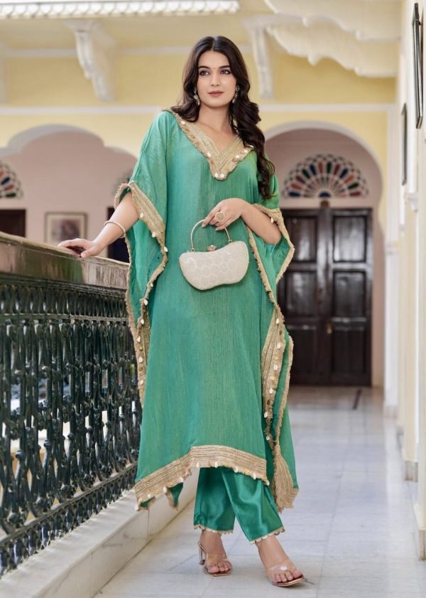 Pure Tissue Silk Kaftaan - 2Pc - Green, Hot Pink, Yellow