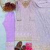 Georgette 3Pc Straight Suit - Kurti, Gharara & Dupatta - Lilac