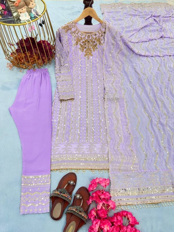 Georgette 3Pc Straight Suit - Kurti, Gharara & Dupatta - Lilac