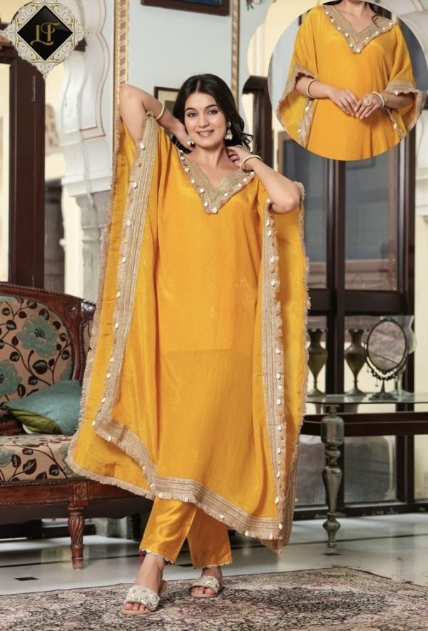 Pure Tissue Silk Kaftaan - 2Pc - Green, Hot Pink, Yellow