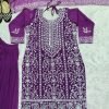 Georgette 3Pc Gharara Suit - Kurti, Gharara & Dupatta - Purple Wine