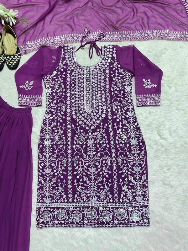 Georgette 3Pc Gharara Suit - Kurti, Gharara & Dupatta - Purple Wine