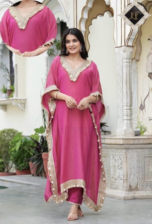 Pure Tissue Silk Kaftaan - 2Pc - Green, Hot Pink, Yellow