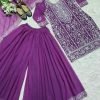Georgette 3Pc Gharara Suit - Kurti, Gharara & Dupatta - Purple Wine