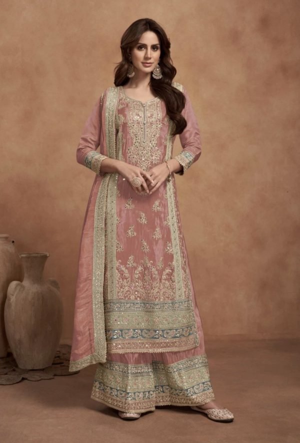 Pure Chinnon Soft Silk Designer Suit with Golden Work - 3Pc
