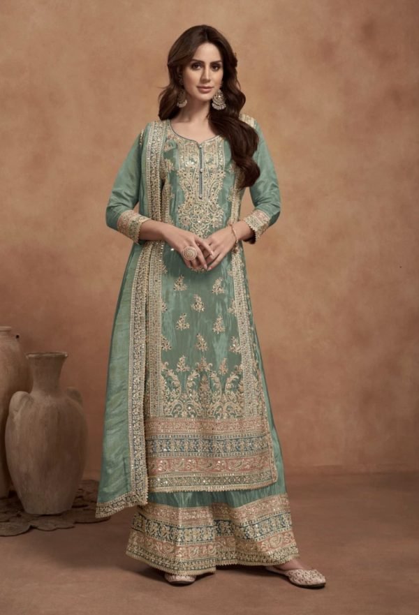 Pure Chinnon Soft Silk Designer Suit with Golden Work - 3Pc