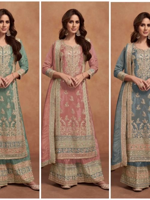 Pure Chinnon Soft Silk Designer Suit with Golden Work - 3Pc