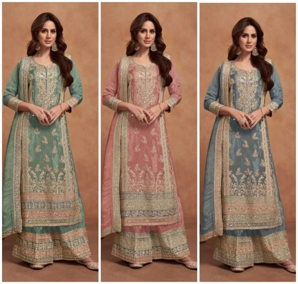 Pure Chinnon Soft Silk Designer Suit with Golden Work - 3Pc