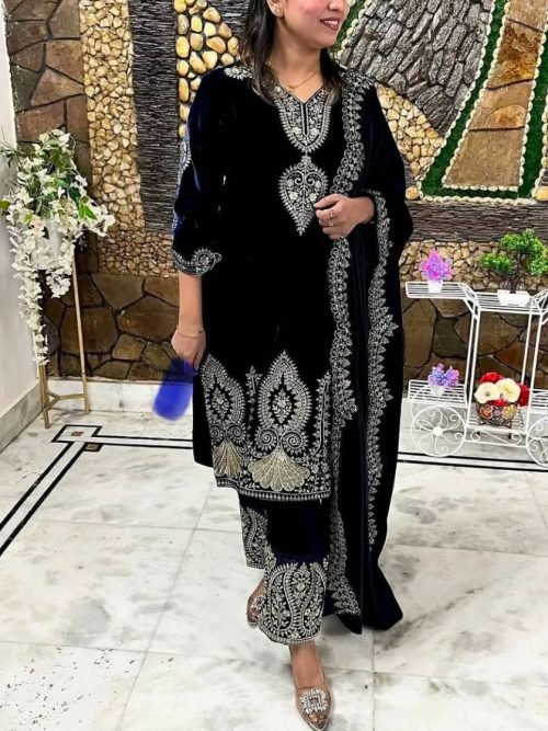 IMG_0457 Velvet Black Designer Suit with Silver Work with Velvet Dupatta - 3Pc