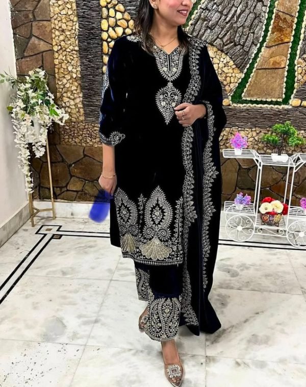 Velvet Black Designer Suit with Silver Work with Velvet Dupatta - 3Pc