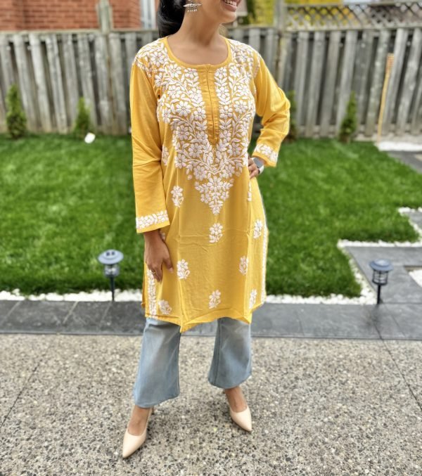 Modal Chikankari Mid Lenght Kurti with White Embroidery - Multiple Colors