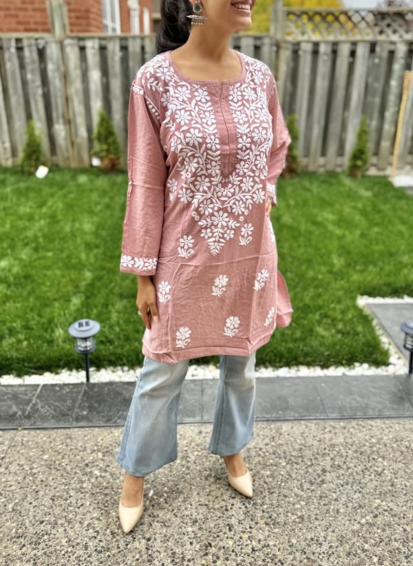 Modal Chikankari Mid Lenght Kurti with White Embroidery - Multiple Colors