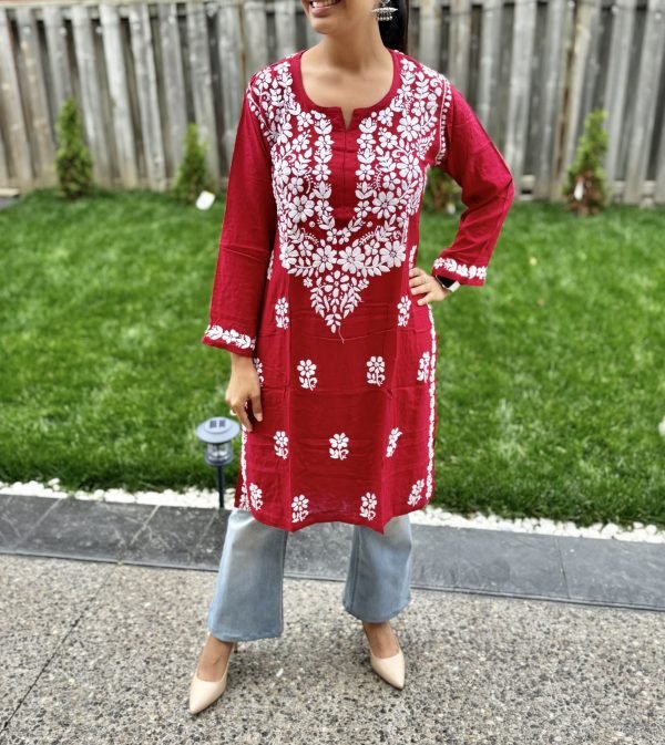 Modal Chikankari Mid Lenght Kurti with White Embroidery - Multiple Colors