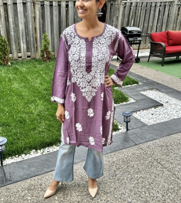 Modal Chikankari Mid Lenght Kurti with White Embroidery - Multiple Colors