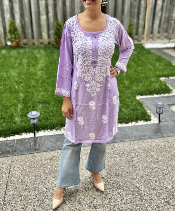 Modal Chikankari Mid Lenght Kurti with White Embroidery - Multiple Colors