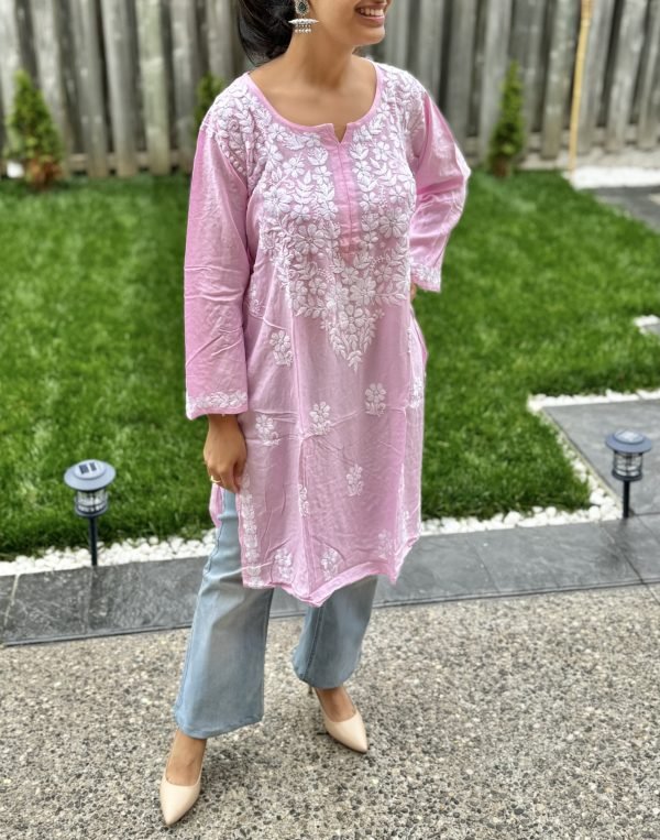 Modal Chikankari Mid Lenght Kurti with White Embroidery - Multiple Colors