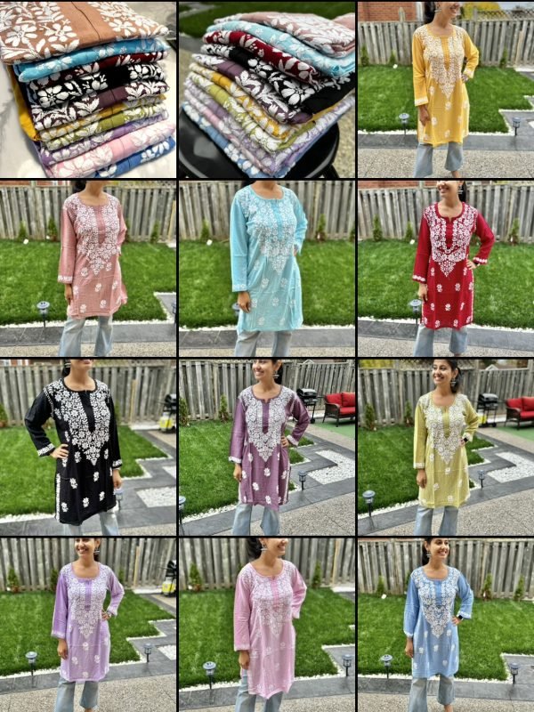Modal Chikankari Mid Lenght Kurti with White Embroidery - Multiple Colors