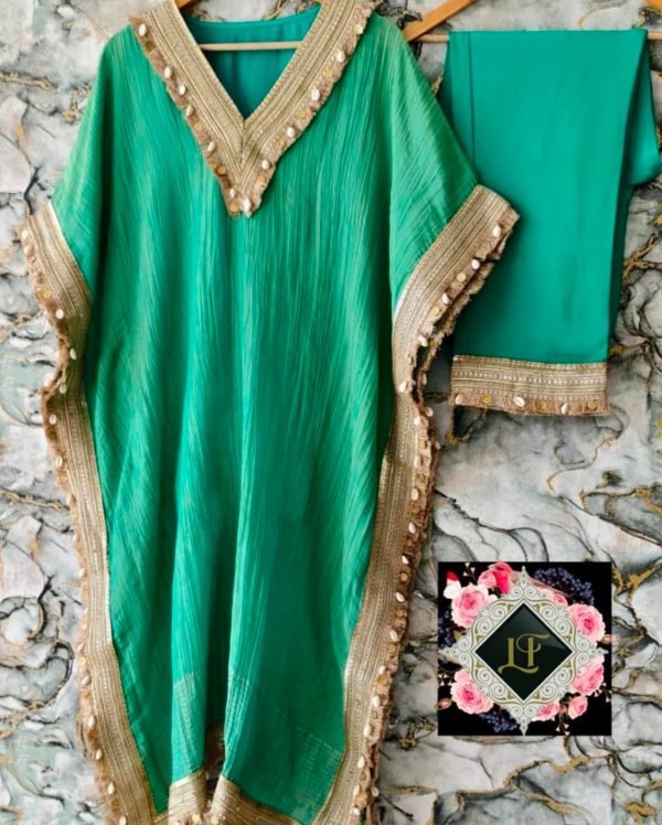 Pure Tissue Silk Kaftaan - 2Pc - Green, Hot Pink, Yellow