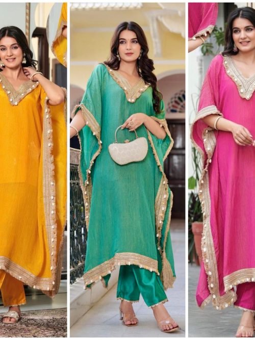 Pure Tissue Silk Kaftaan - 2Pc - Green, Hot Pink, Yellow