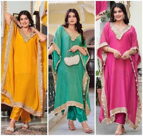 Pure Tissue Silk Kaftaan - 2Pc - Green, Hot Pink, Yellow