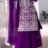 Georgette 3Pc Gharara Suit - Kurti, Gharara & Dupatta - Purple Wine