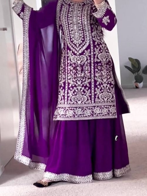c83ad587-c564-4497-ac08-e43e92500e3f Georgette 3Pc Gharara Suit - Kurti, Gharara & Dupatta - Purple Wine